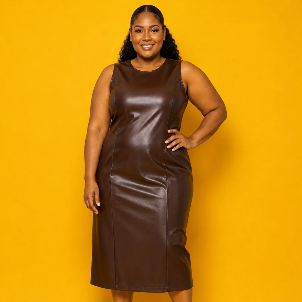 SHEIN Brown Faux Leather Midi Tank Dress